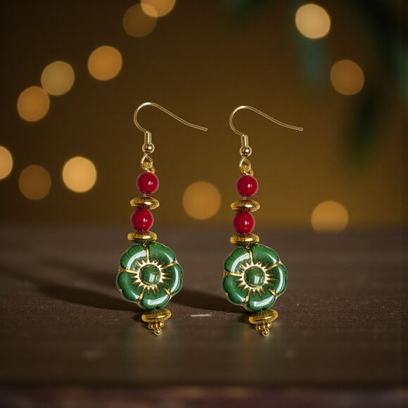 Handmade Green Czech Glass & Red Coral Earrings | Unique Artisan Jewelry - Picture 3 of 5